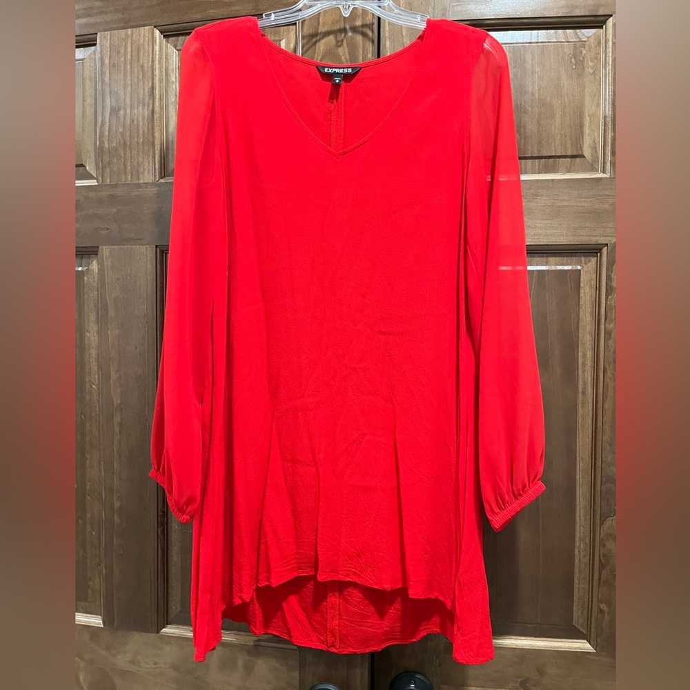 Express Women's Red V-Neck Sheer Sleeve Mini Party Dress, Size Medium